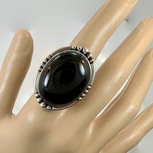 Black Onyx Ring, Sterling Silver, Size 6 1/2, Handcrafted, Massive, 1 1/4" Long